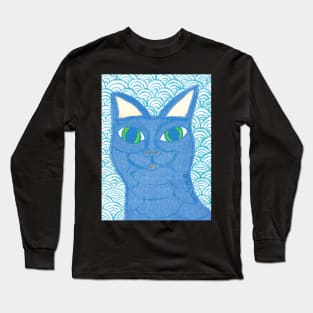 Blue cat with Japanese waves Long Sleeve T-Shirt